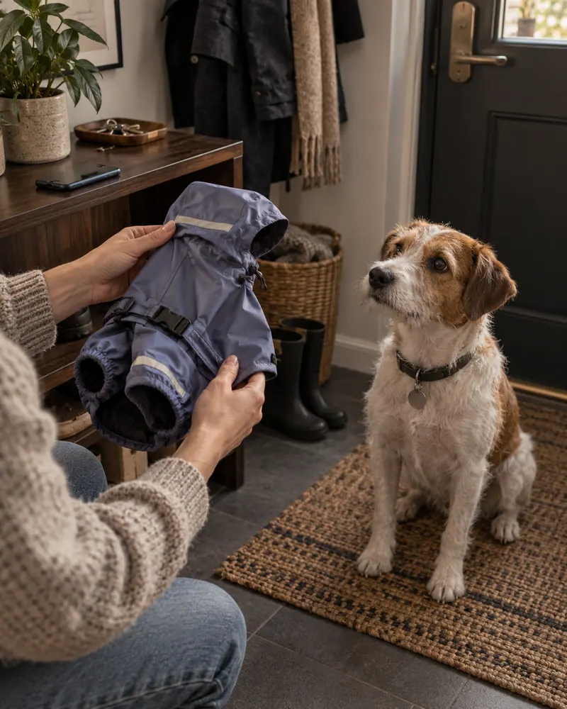 Автор примеряет собаке дождевик перед созданием публикации о товаре
